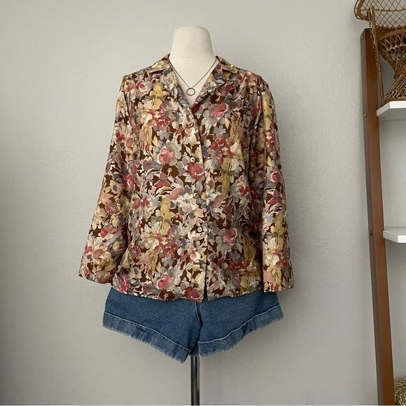 Vintage Satin Floral Long Sleeve Top (M)