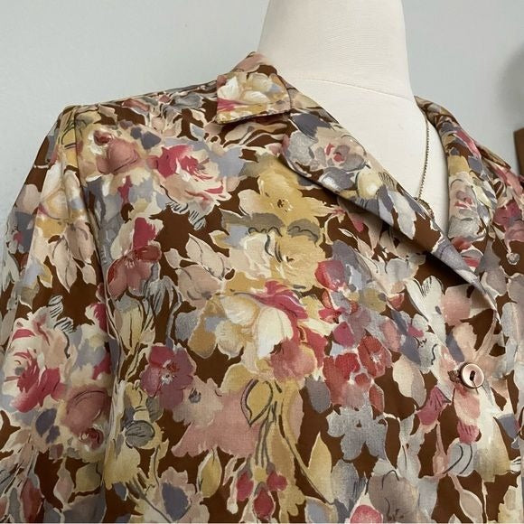 Vintage Satin Floral Long Sleeve Top (M)