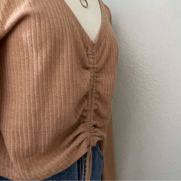Tan Knit Ribbed Ruched Top (L)