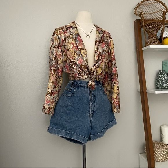 Vintage Satin Floral Long Sleeve Top (M)