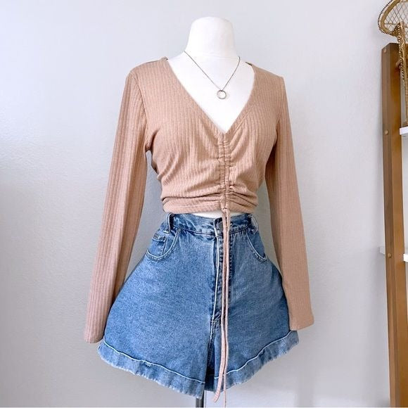 Tan Knit Ribbed Ruched Top (L)