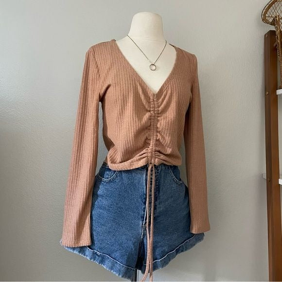 Tan Knit Ribbed Ruched Top (L)