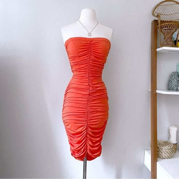 Bright Orange Midi Ruched Dress (S)