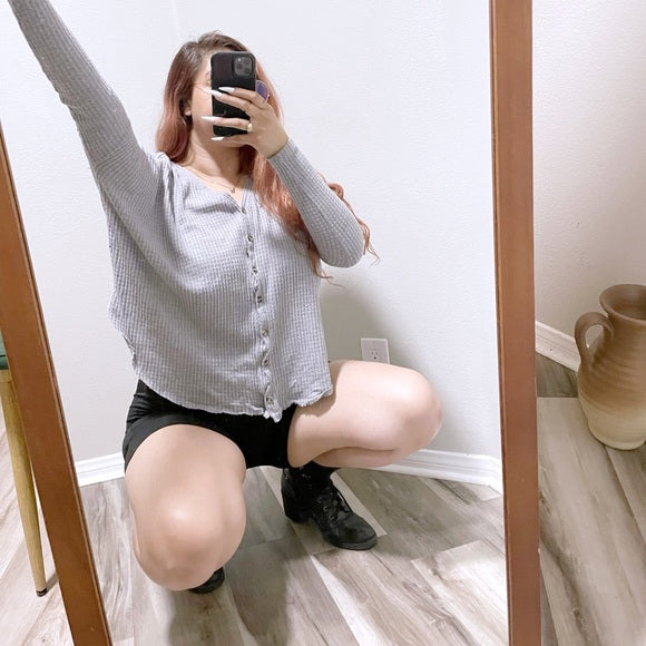 Oversized Waffle Knit Button Front Top (XS)