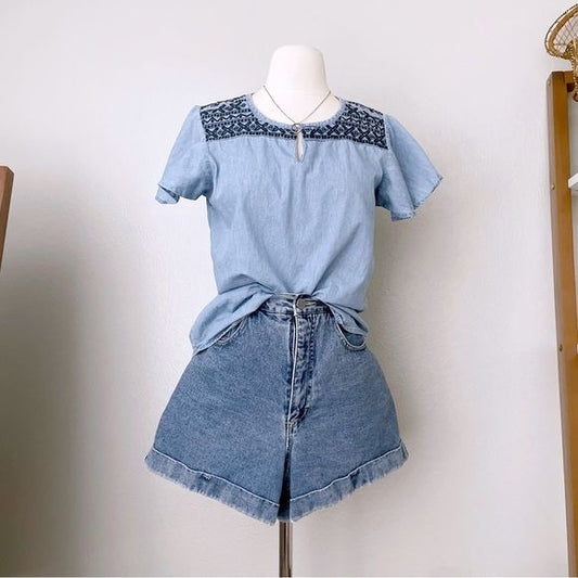 Blue Chambray Embroidered Top (M)