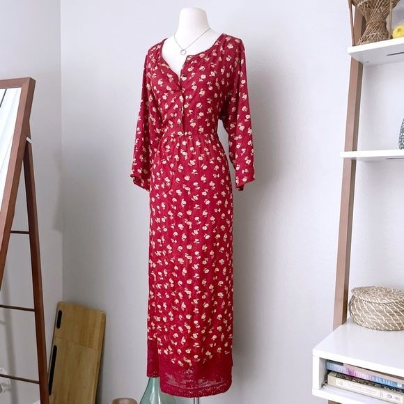 Red Waist Tie Floral Prairie Dress (XXL)