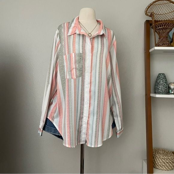 Stripe Button Front Long Sleeve Top (2X)