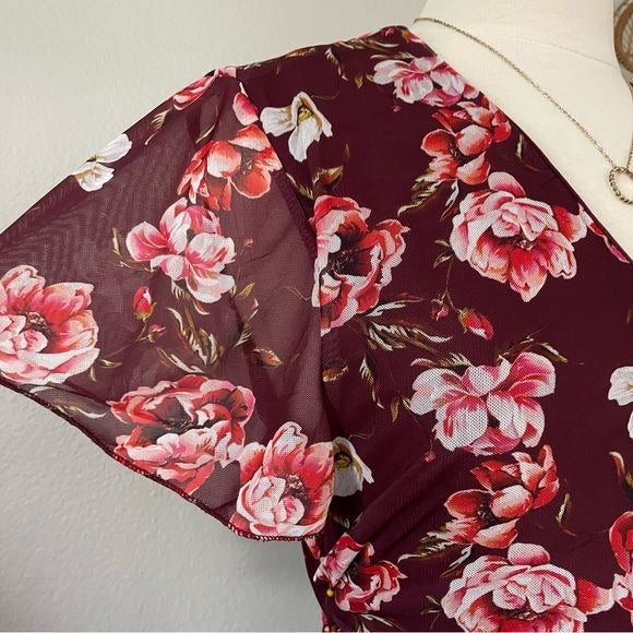 Midi Floral Burgundy Waist Tie Dress (L)