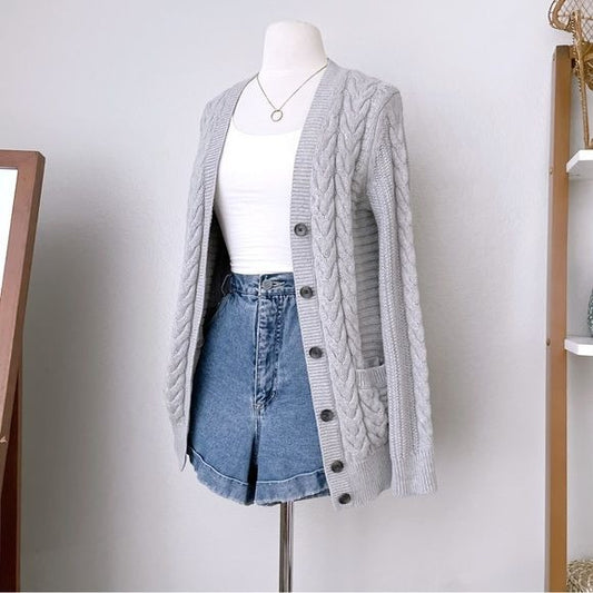 Grey Wool Blend Cable Knit Cardigan (S)