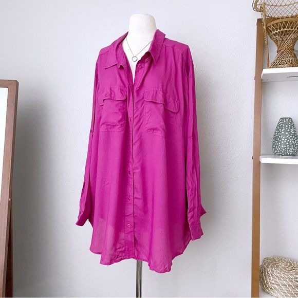 Magenta Long Sleeve Button Front Top (2X)
