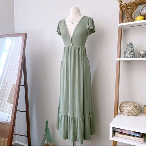 Sage Green Prairie Ribbed Maxi Dress (L)
