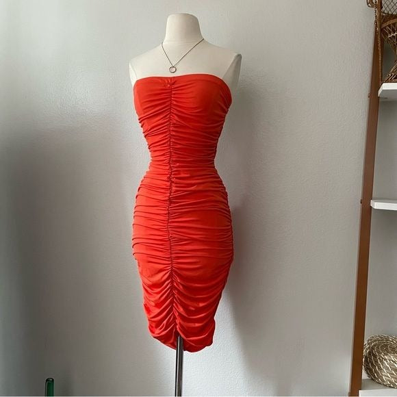 Bright Orange Midi Ruched Dress (S)