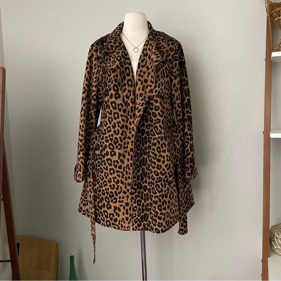 Leopard Print Waist Tie Trench Coat (L)