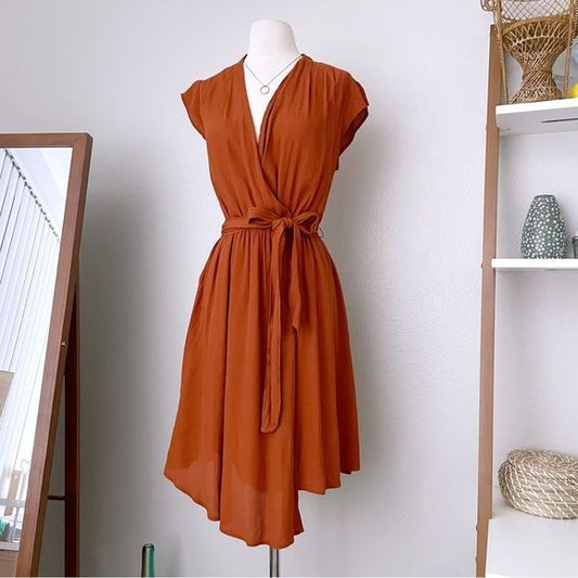 Burnt Orange Waist Tie Midi Dress (XS)