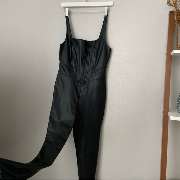 Faux Leather Black Pant Jumpsuit (M)