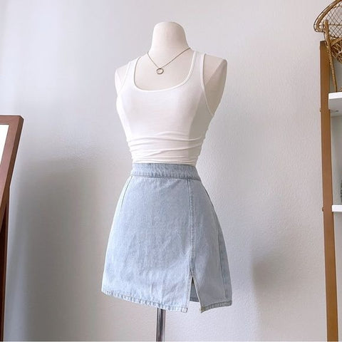 Light Blue Denim Wash Mini Skirt (L)