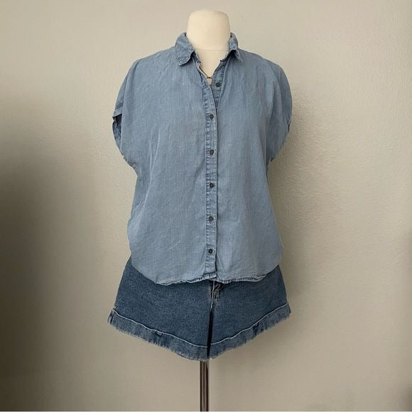 Chambray Light Blue Wash Button Front Top (S)