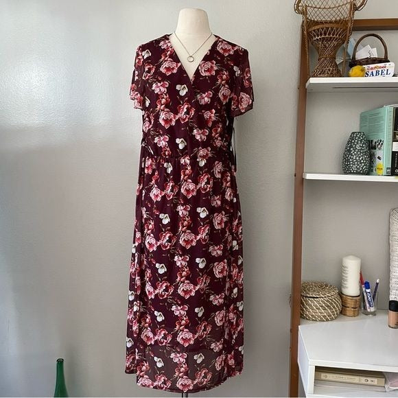 Midi Floral Burgundy Waist Tie Dress (L)