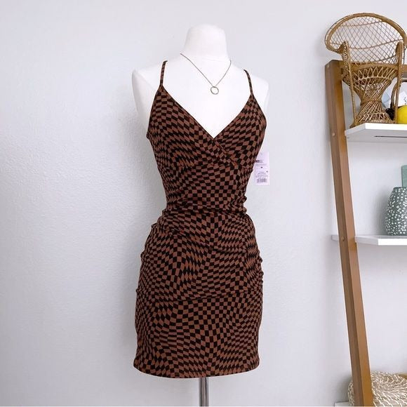 Retro Brown and Black Checkered Mini Dress (M)