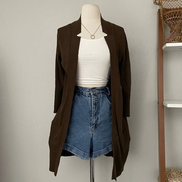 Brown Long Line Open Front Cardigan (S)