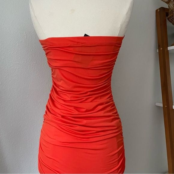 Bright Orange Midi Ruched Dress (S)