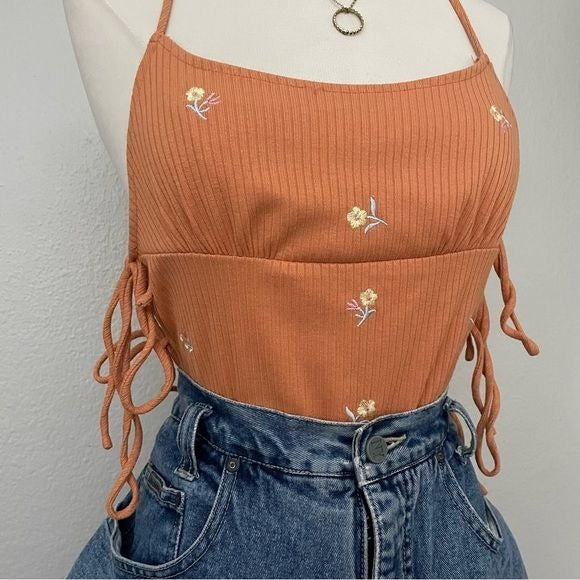 Floral Embroidered Ribbed Bodysuit (S)