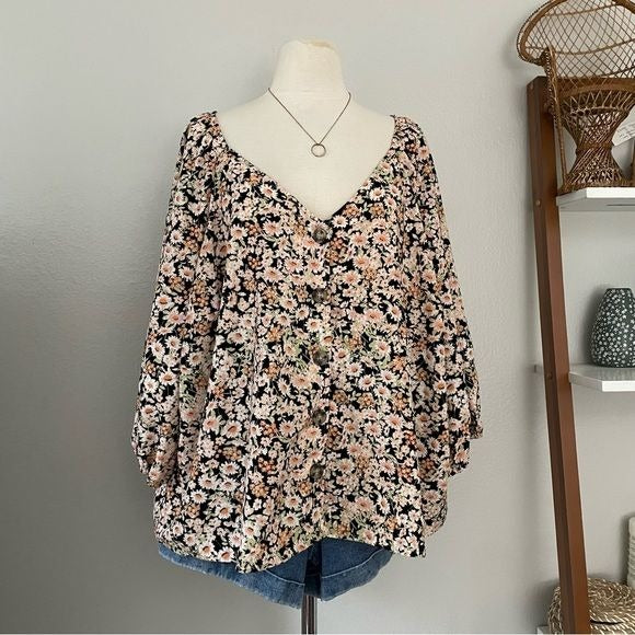 Floral Button Front Boxy Top (3X)