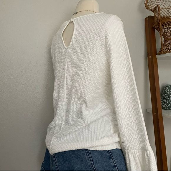 White Textured Long Trumpet Sleeve Top (M)