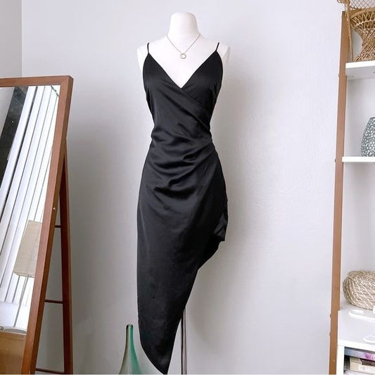Asymmetrical Satin Black Dress (M)
