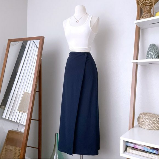 Vintage True Wrap Navy Blue Maxi Skirt (14)