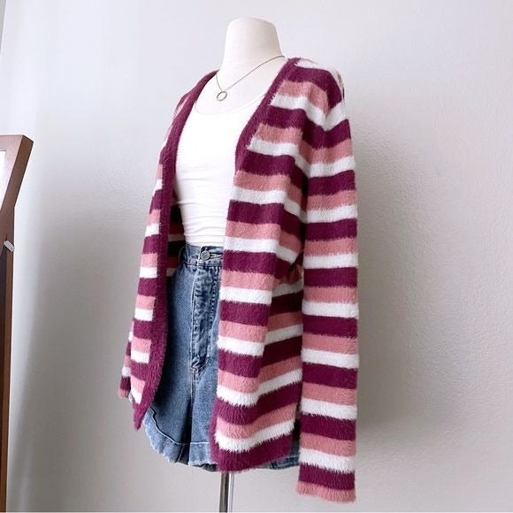 Fuzzy Open Front Striped Cardigan (S/M)