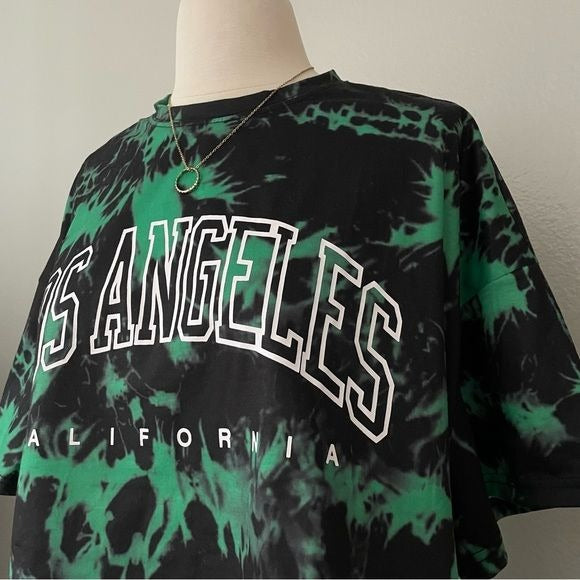 Tie Dye Green and Black Cropped T-Shirt (M)