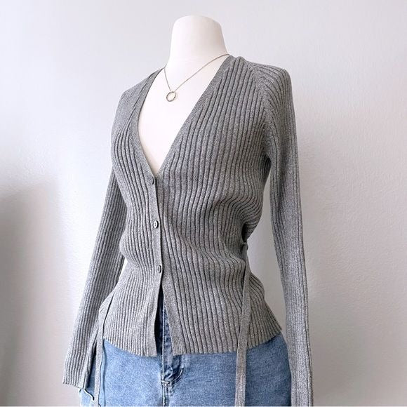 Grey Ribbed Button Front Waist Tie Cardigan (M)