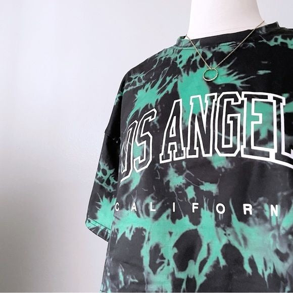 Tie Dye Green and Black Cropped T-Shirt (M)