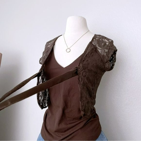 Vintage Chocolate Brown Lace Front Tie Top (M)