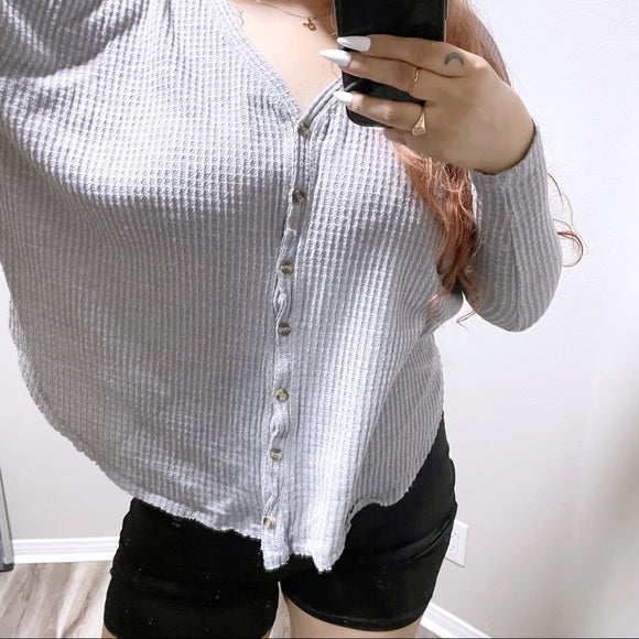 Oversized Waffle Knit Button Front Top (XS)