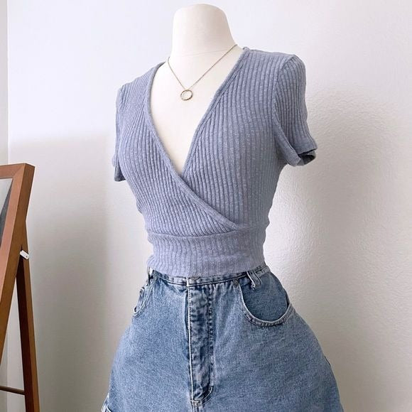 Ribbed Dusty Blue Knit Crop Top (L)