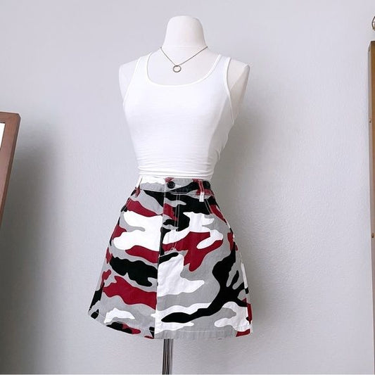 Camo Red Combo Denim Mini Skirt (L)