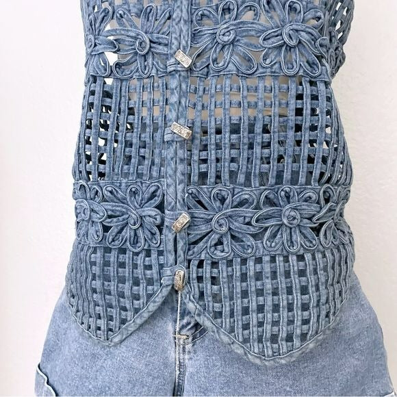 Denim Vintage Flower Pattern Vest (XL)