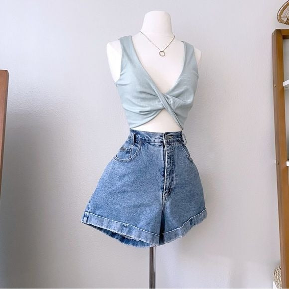 Criss Cross Pastel Blue Ribbed Crop Top (S)