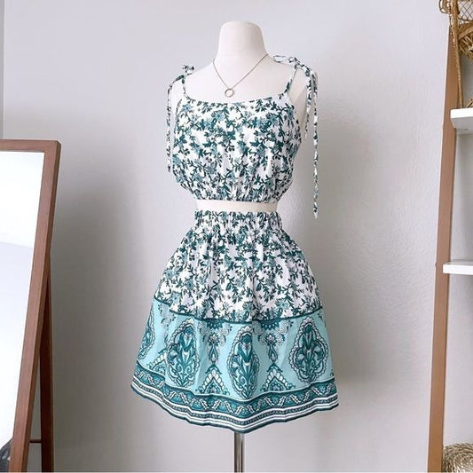 Two Piece Floral Teal Skirt Set (2XL)