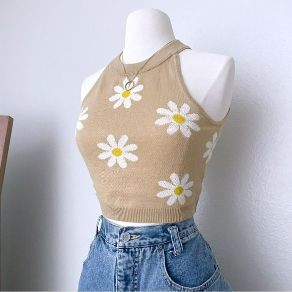 Daisy Print Knit Sweater Crop Top (M)
