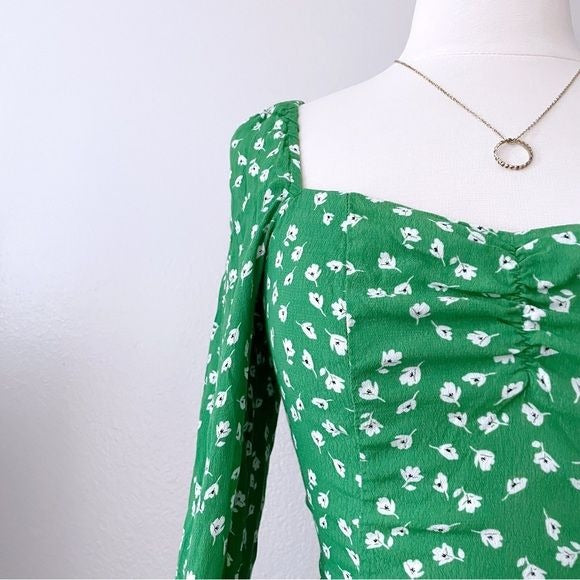 Green Floral Milkmaid Long Sleeve Top (S)