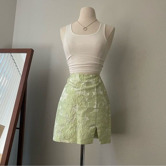 Chartreuse Green Slit Hem Mini Floral Skirt (S)