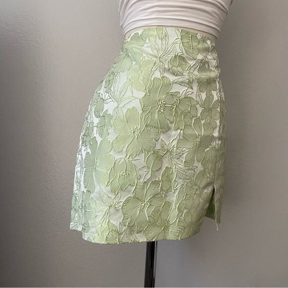 Chartreuse Green Slit Hem Mini Floral Skirt (S)