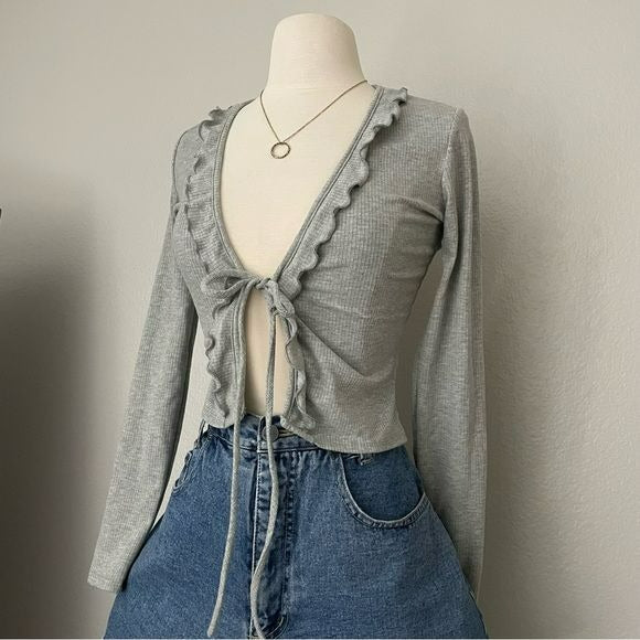 Front Tie Ribbed Heather Grey Cardigan (XS)