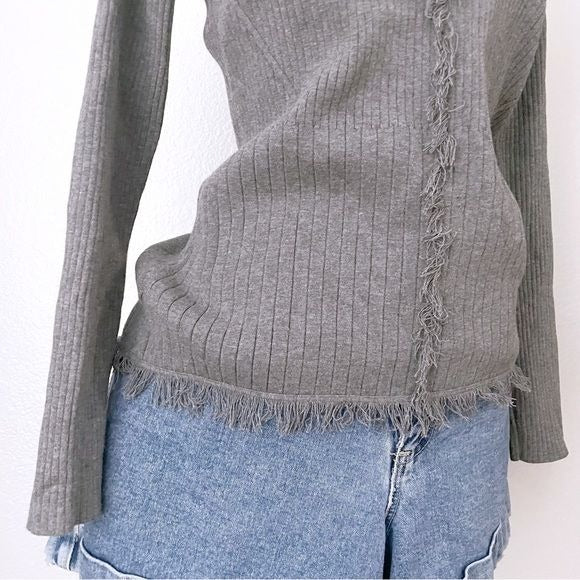 Ribbed Grey Fringe Pullover Sweater (S)