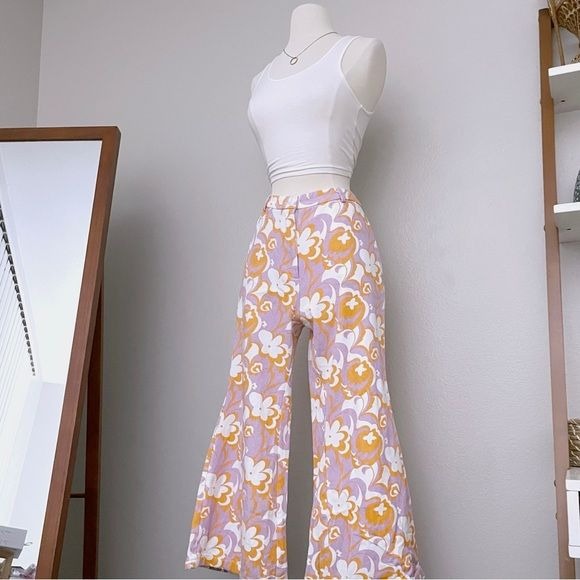 Retro Funky Floral Colorful Flare Bottom Pants (M)