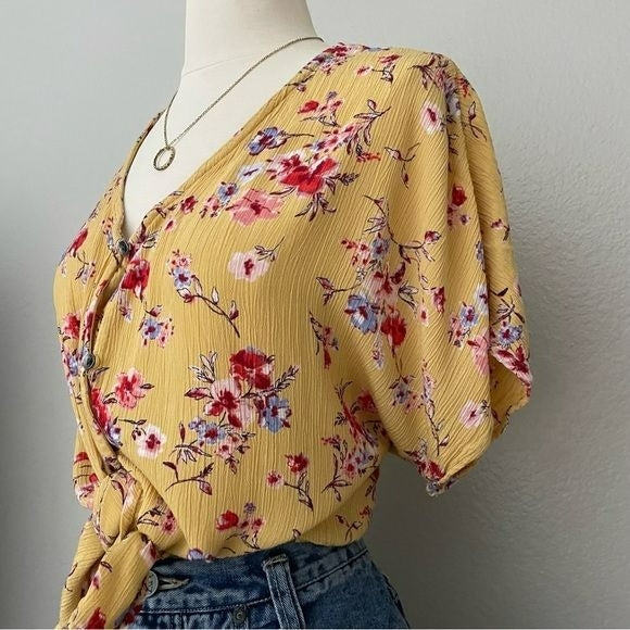 Gauzy Floral Yellow Button Front Top (XXL)
