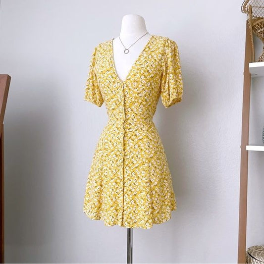 Yellow Floral Button Front Mini Dress (S)